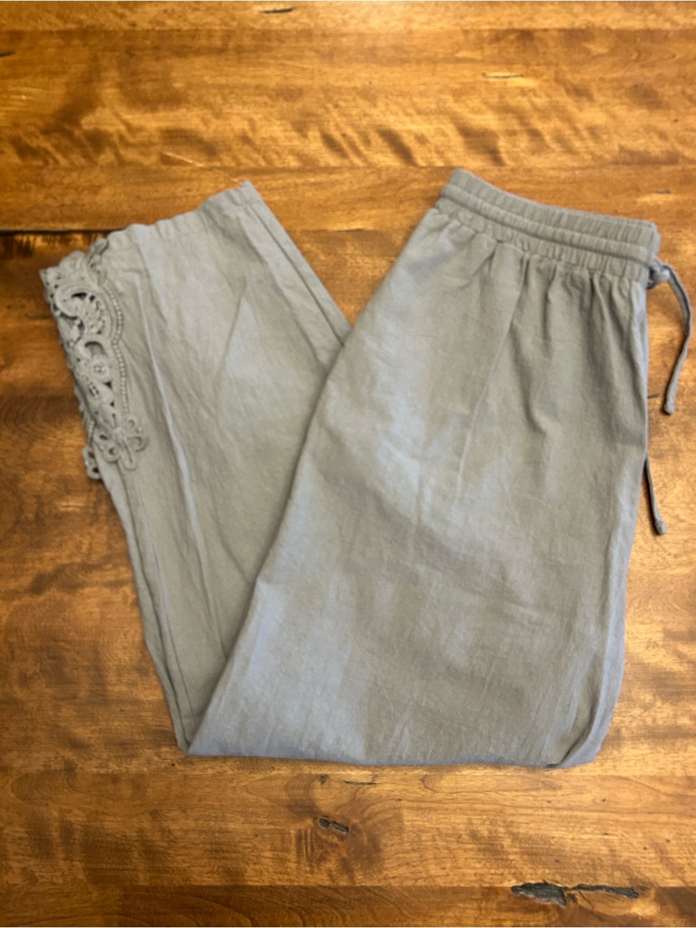 Light Gray Drawstring Crop Pants with Lace Trim